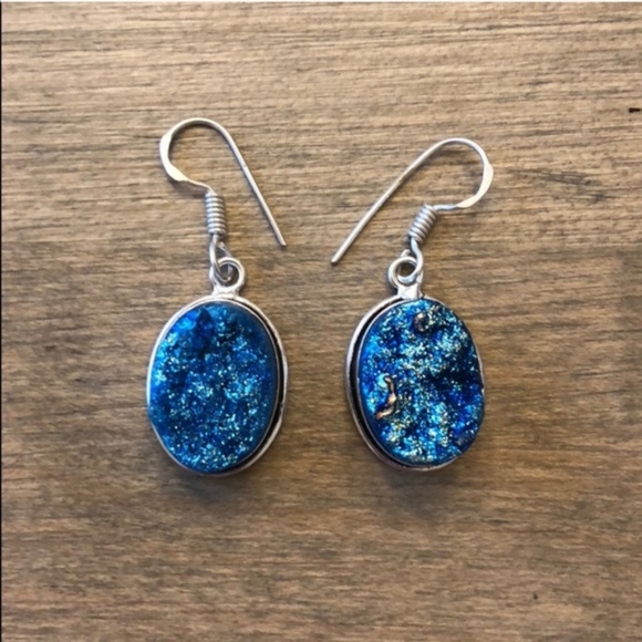 Jewelry - Beautiful Blue Druzy 925 Sterling Earrings